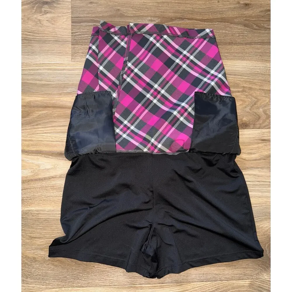 Lady Hagen Pink/Black Plaid Pleated Golf Skort with Buckle - size 12 - OD
